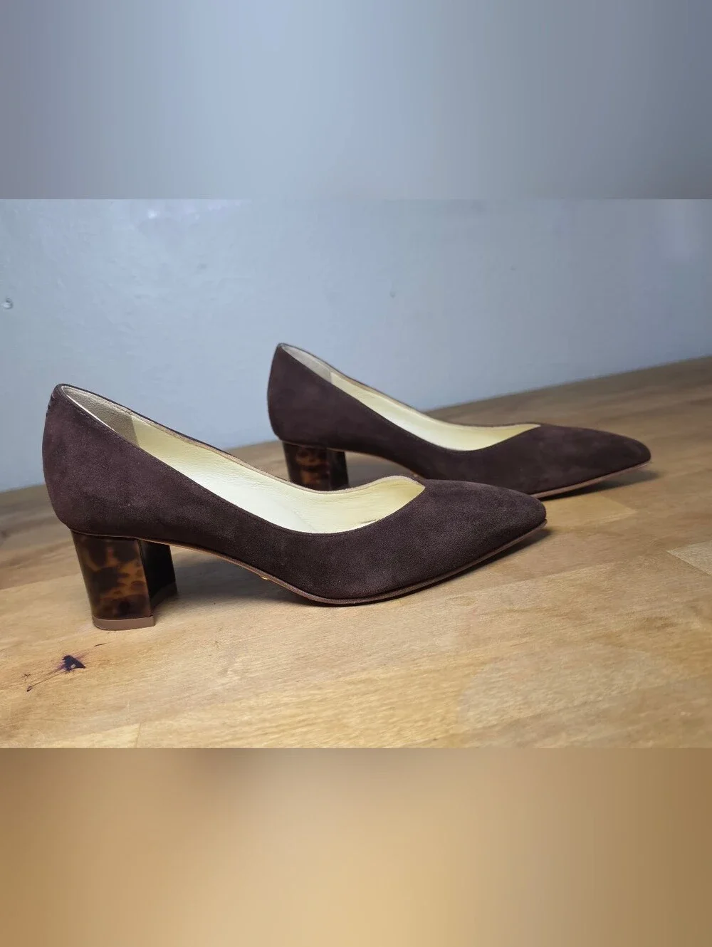 SARAH FLINT Chocolate Suede Perfect Emma Tortoise Block Heel Pump 34.5 4.5